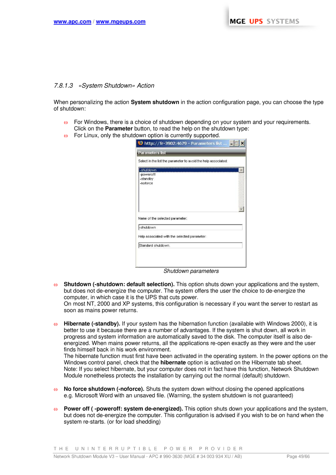 MGE UPS Systems Network Shutdown Module V3 user manual 1.3 «System Shutdown» Action, Shutdown parameters 