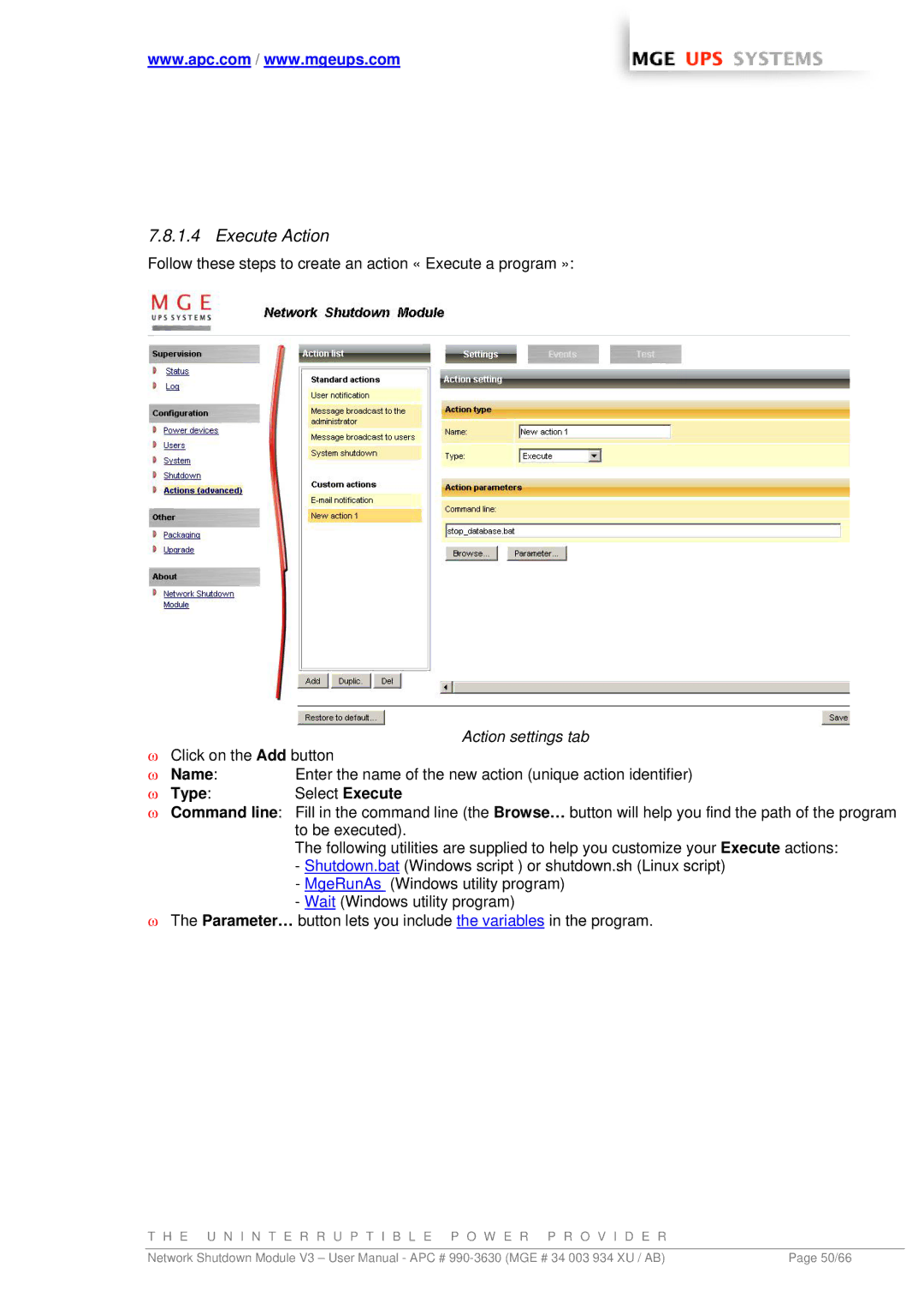 MGE UPS Systems Network Shutdown Module V3 user manual Execute Action, Type Select Execute 