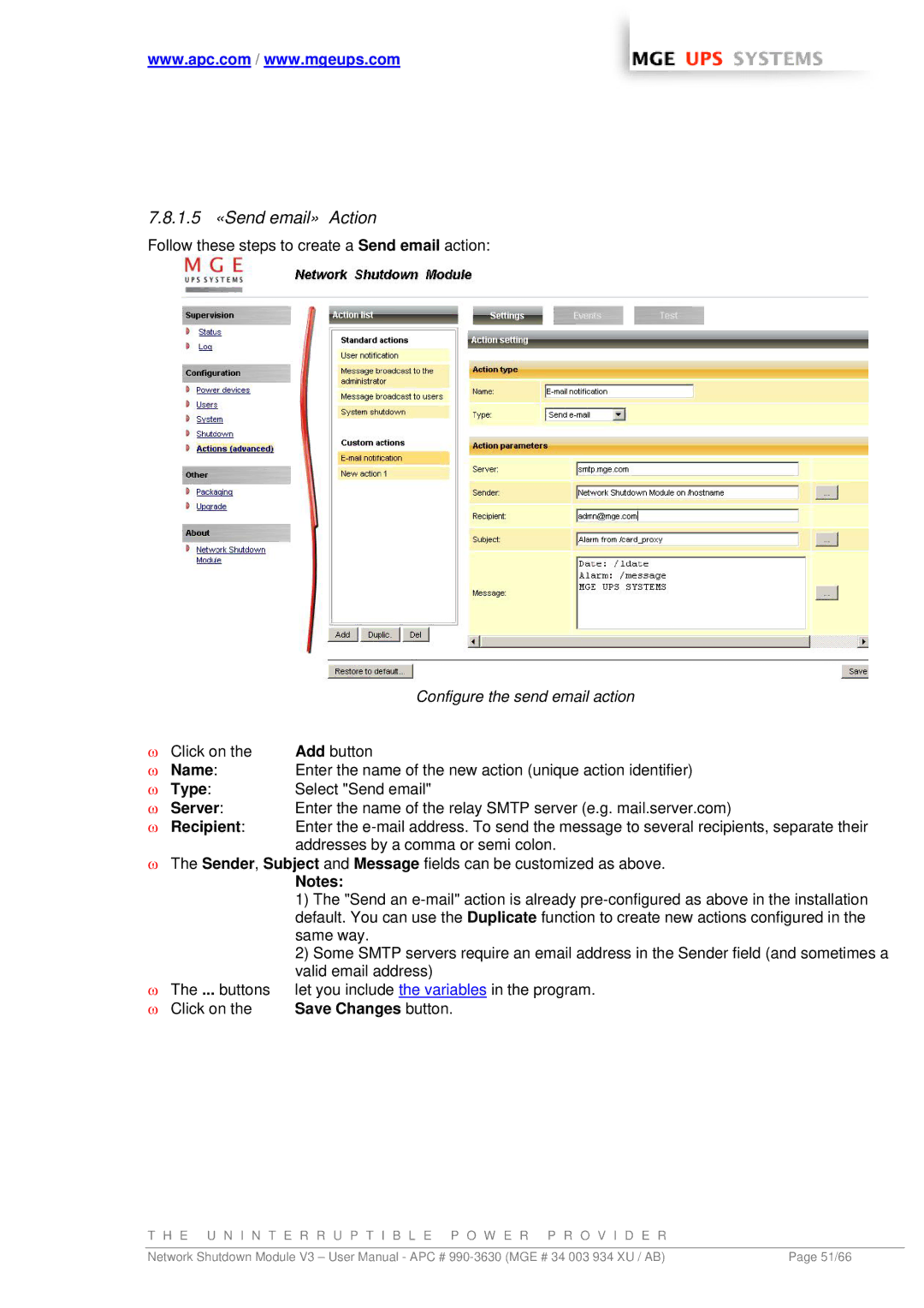 MGE UPS Systems Network Shutdown Module V3 user manual 1.5 «Send email» Action, Configure the send email action 