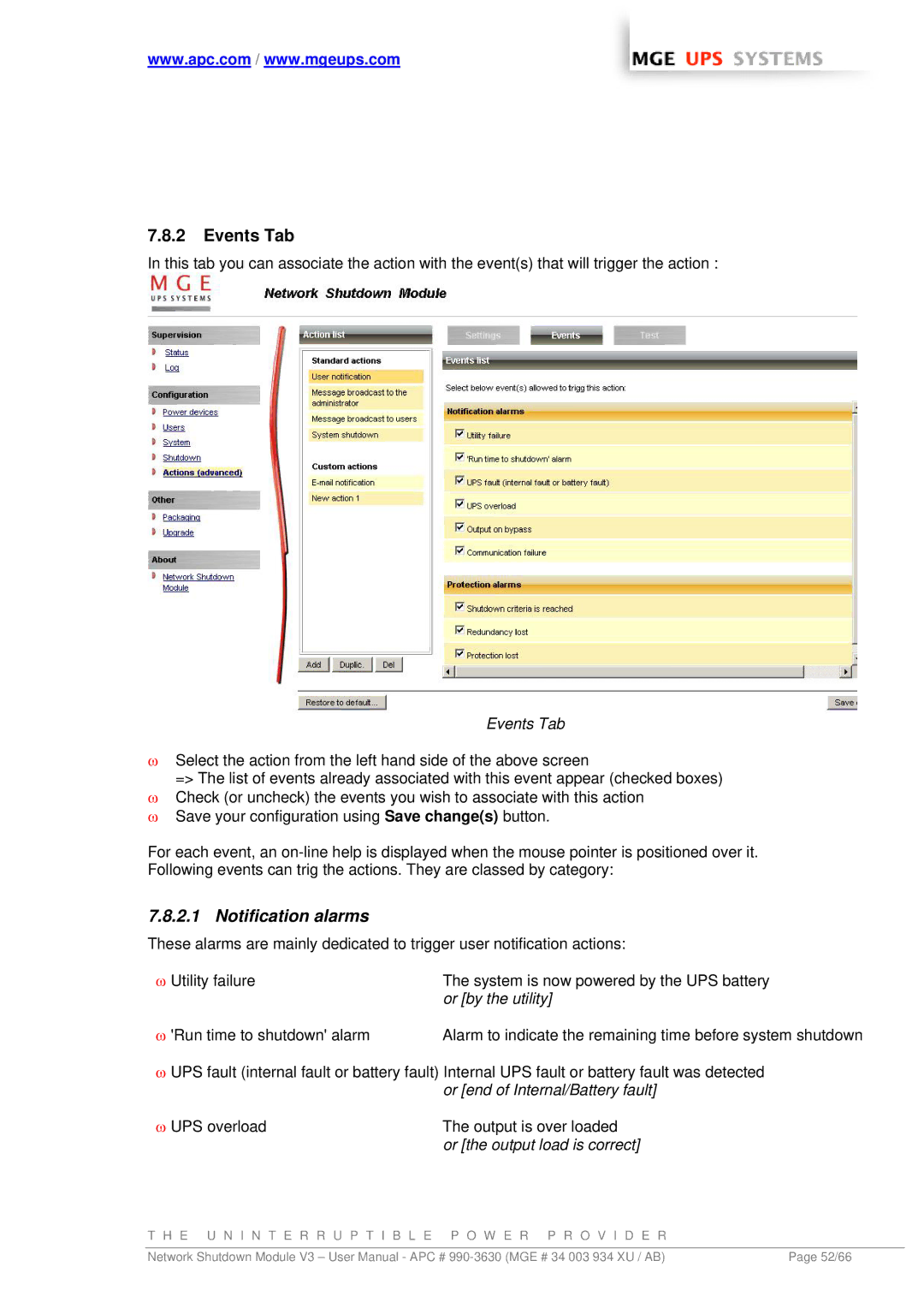 MGE UPS Systems Network Shutdown Module V3 user manual Events Tab, Or by the utility, Or the output load is correct 