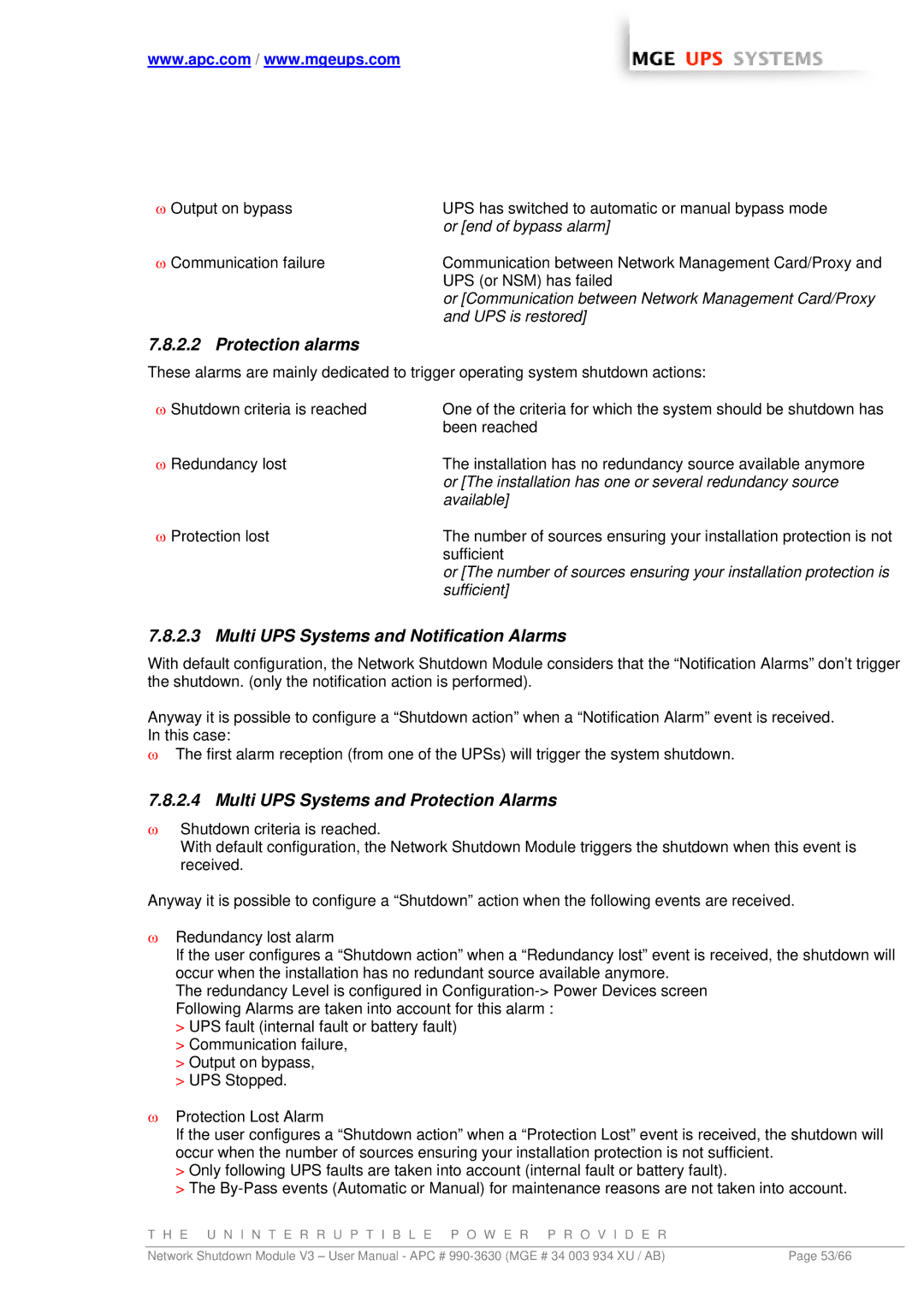 MGE UPS Systems Network Shutdown Module V3 Or end of bypass alarm, Or Communication between Network Management Card/Proxy 