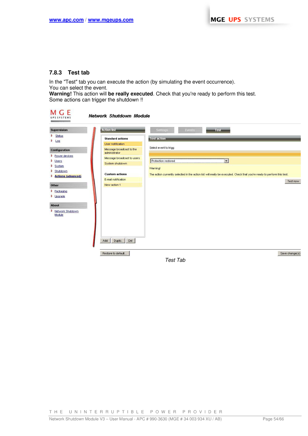 MGE UPS Systems Network Shutdown Module V3 user manual Test tab, Test Tab 