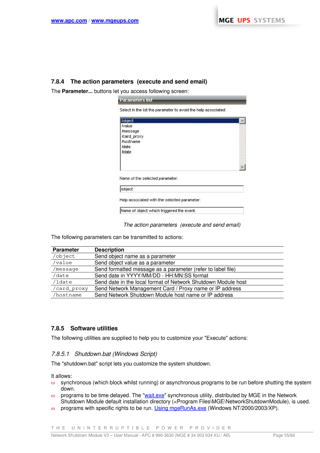 MGE UPS Systems Network Shutdown Module V3 user manual Action parameters execute and send email, Software utilities 