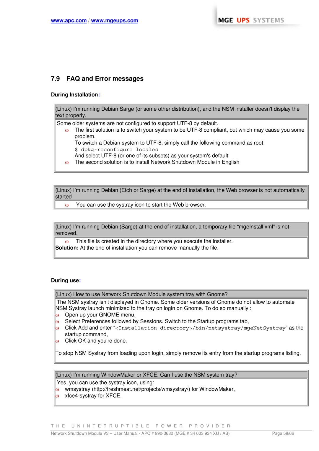 MGE UPS Systems Network Shutdown Module V3 user manual FAQ and Error messages, During Installation, During use 