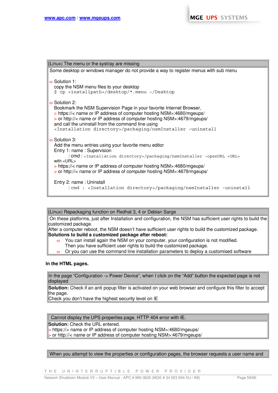 MGE UPS Systems Network Shutdown Module V3 user manual Solutions to build a customized package after reboot, Html pages 