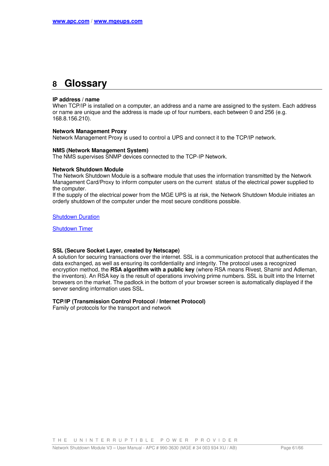 MGE UPS Systems Network Shutdown Module V3 IP address / name, Network Management Proxy, NMS Network Management System 