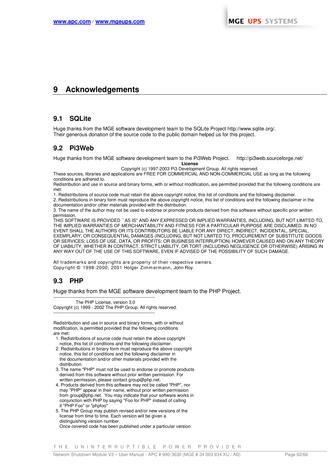 MGE UPS Systems Network Shutdown Module V3 user manual Acknowledgements, SQLite Pi3Web, Php 