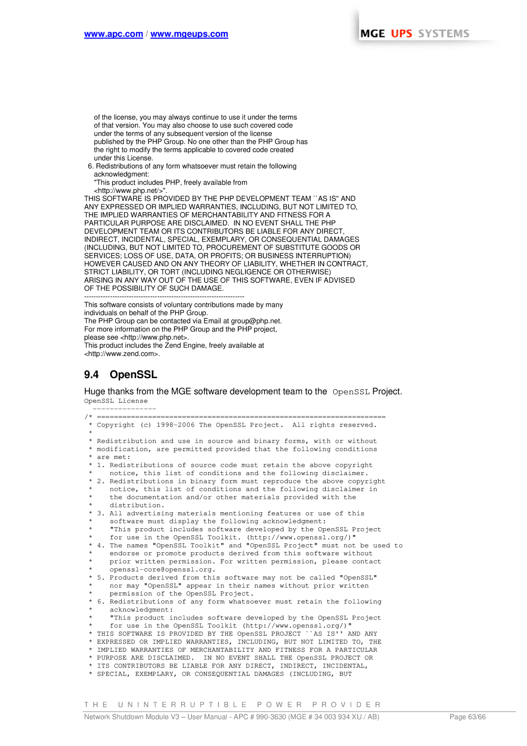 MGE UPS Systems Network Shutdown Module V3 user manual OpenSSL 