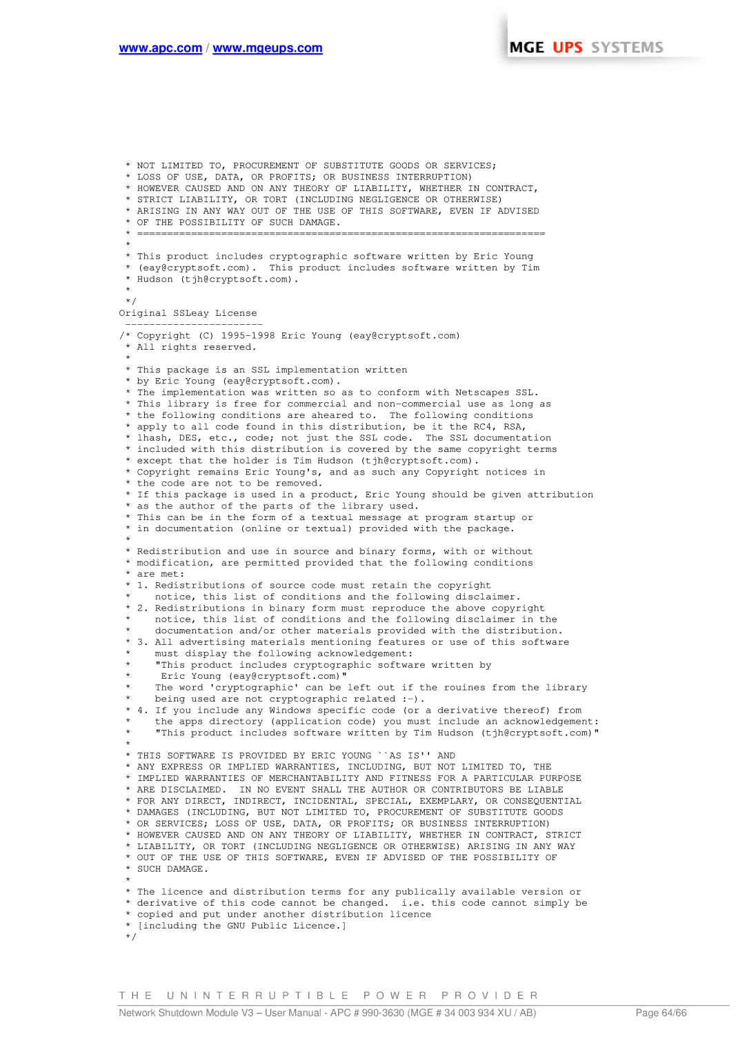 MGE UPS Systems Network Shutdown Module V3 user manual 64/66 