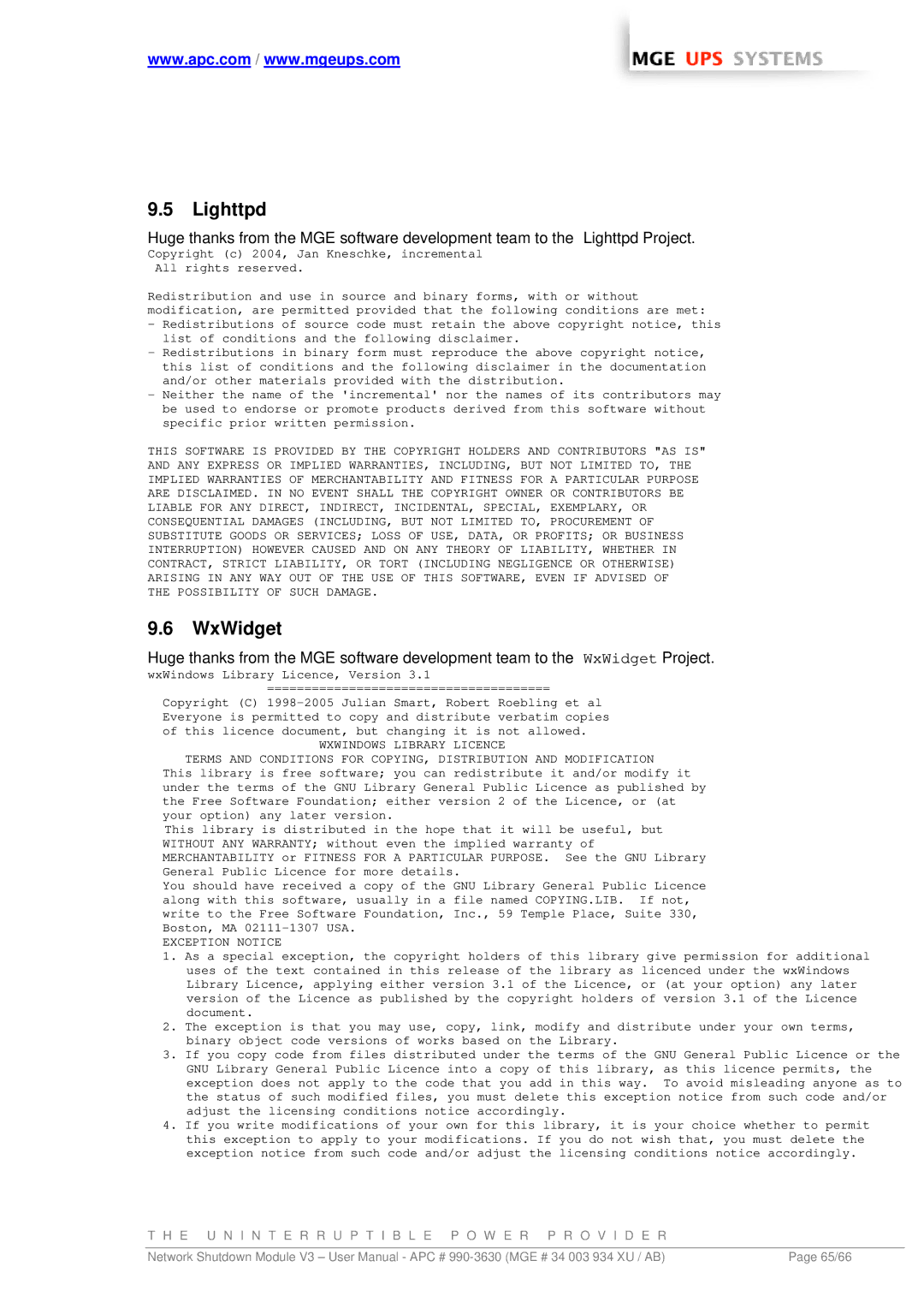 MGE UPS Systems Network Shutdown Module V3 user manual Lighttpd, WxWidget 