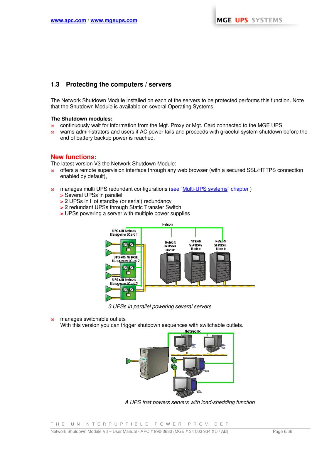 MGE UPS Systems Network Shutdown Module V3 user manual Protecting the computers / servers, Shutdown modules 