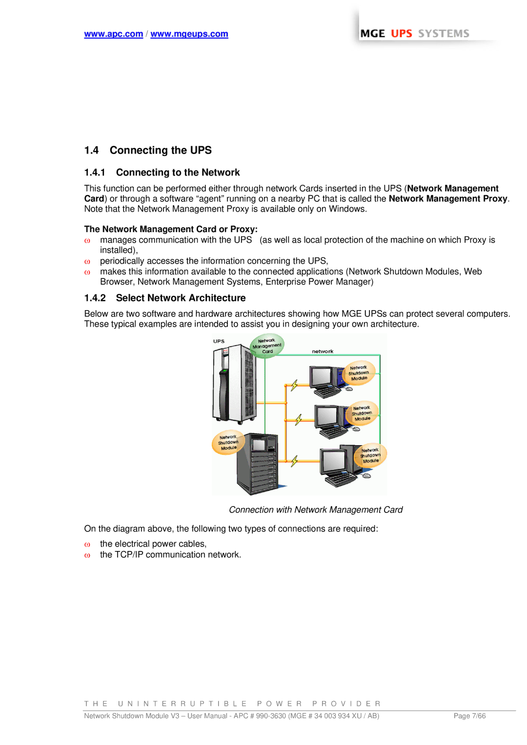 MGE UPS Systems Network Shutdown Module V3 Connecting the UPS, Connecting to the Network, Select Network Architecture 