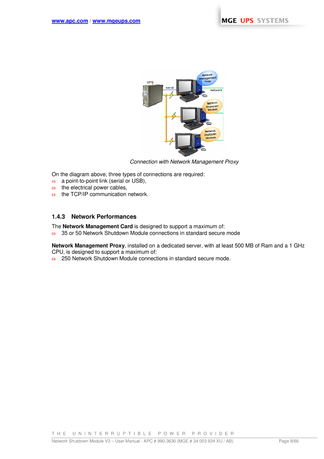 MGE UPS Systems Network Shutdown Module V3 user manual Network Performances, Connection with Network Management Proxy 