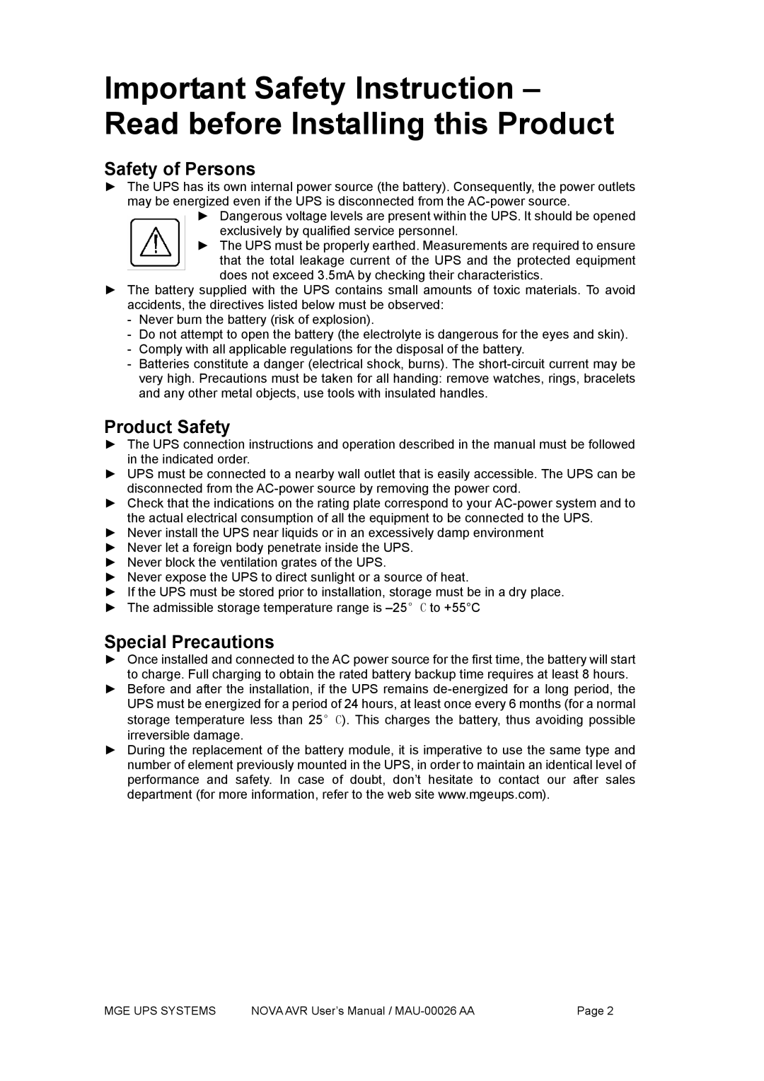 MGE UPS Systems Nova 1100 AVR, Nova 600 AVR manual Safety of Persons, Product Safety, Special Precautions 