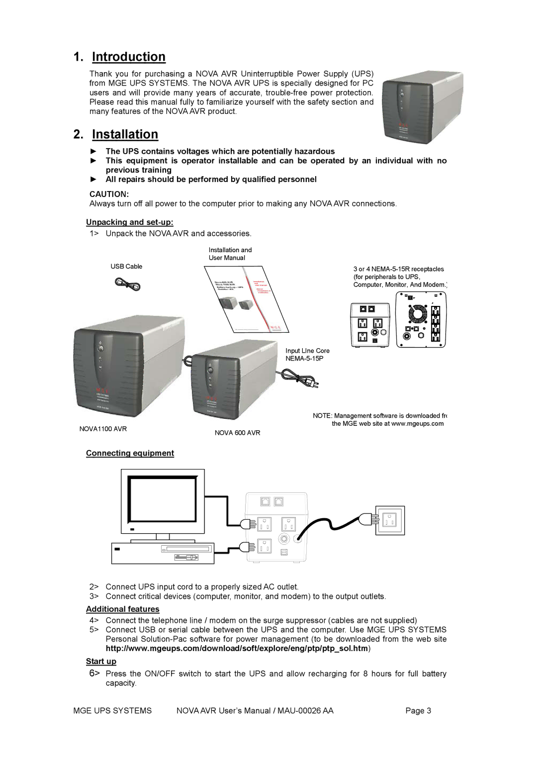 MGE UPS Systems Nova 600 AVR, Nova 1100 AVR manual Introduction, Installation 