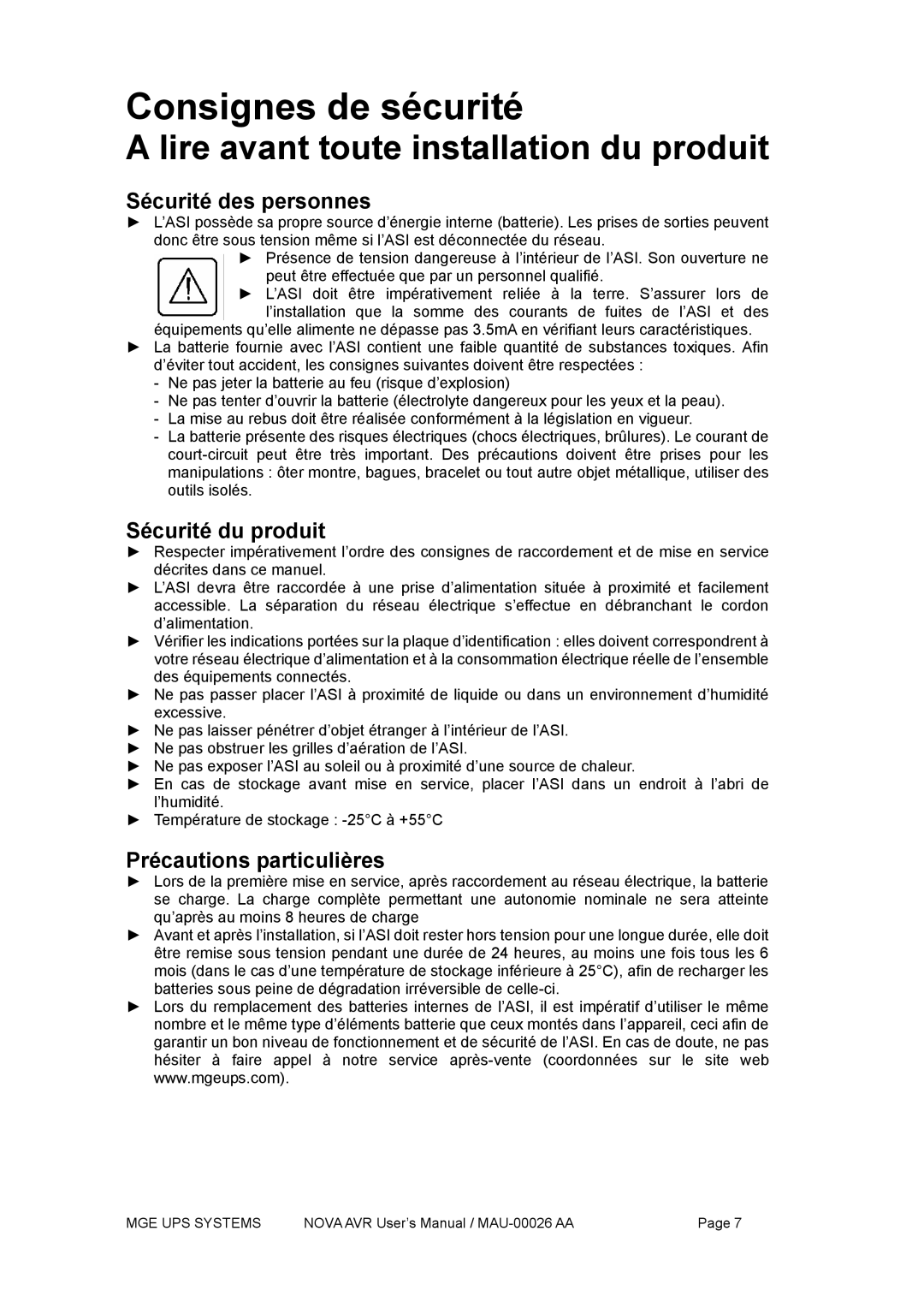 MGE UPS Systems Nova 600 AVR, Nova 1100 AVR manual Sécurité des personnes, Sécurité du produit, Précautions particulières 