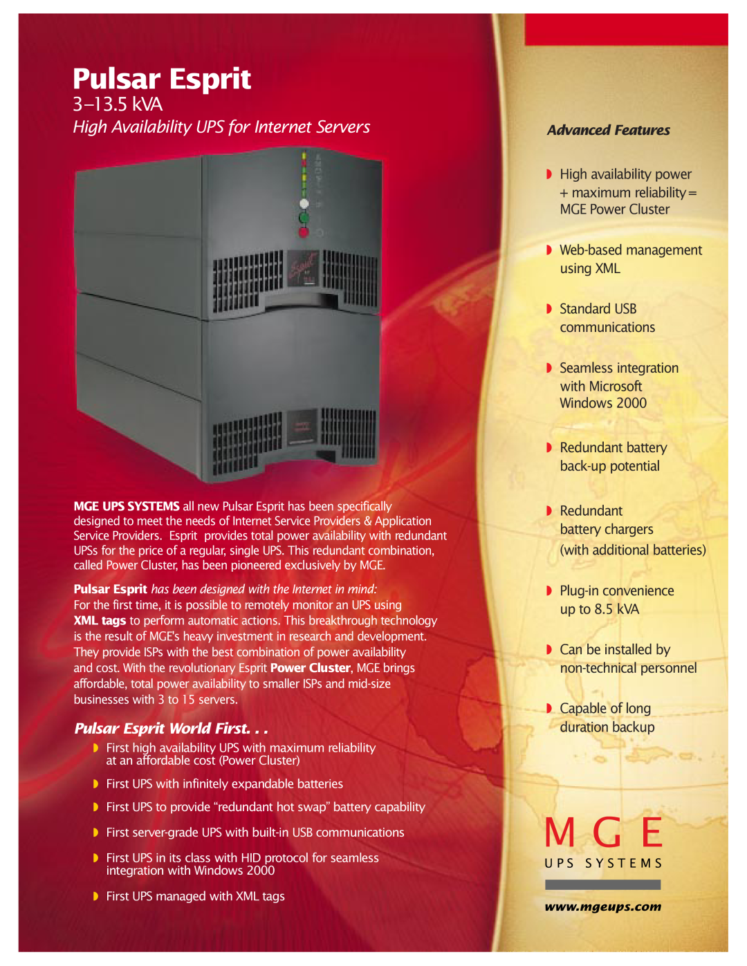 MGE UPS Systems Pulsar Esprit 313.5 kVA manual 3-13.5 kVA, High Availability UPS for Internet Servers, Advanced Features 