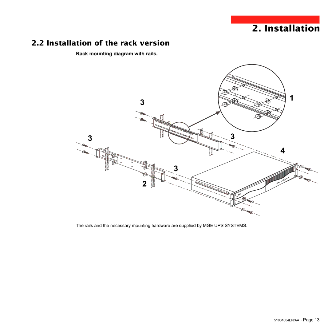 MGE UPS Systems Pulsar EX 1000, Pulsar EX 700 user manual Installation of the rack version, Rack mounting diagram with rails 