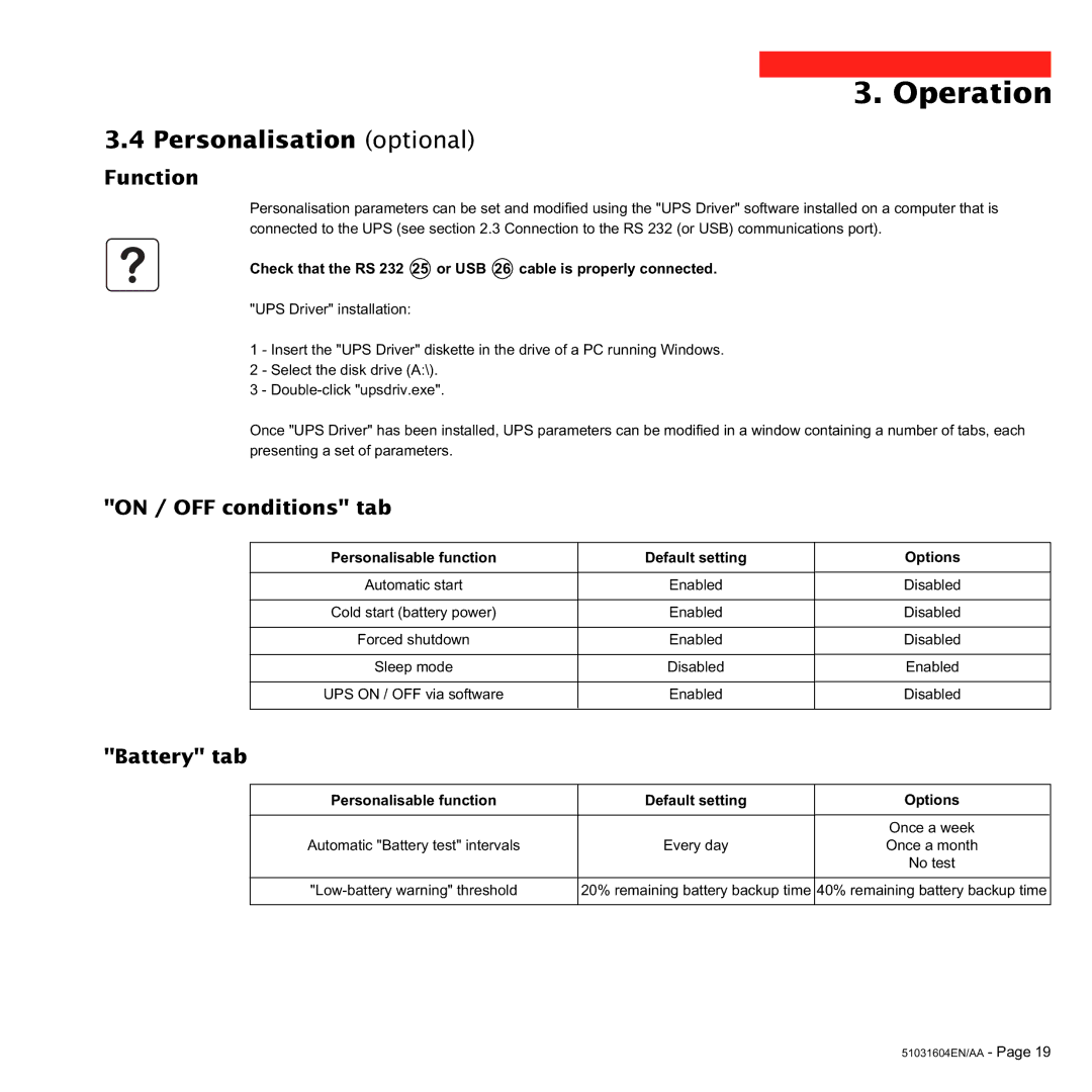 MGE UPS Systems Pulsar EX 1000, Pulsar EX 700 Personalisation optional, Function, On / OFF conditions tab, Battery tab 