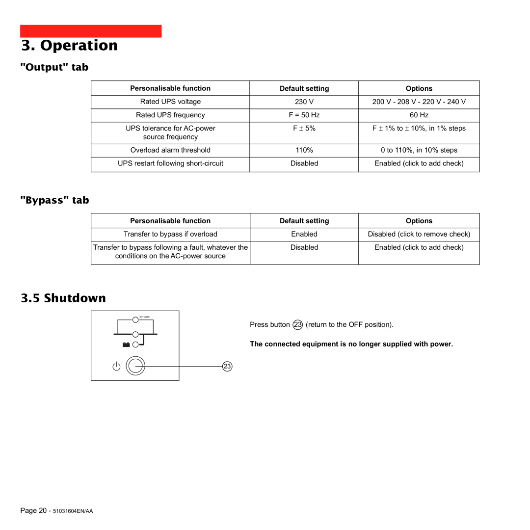 MGE UPS Systems Pulsar EX 1500, Pulsar EX 700, Pulsar EX 1000 user manual Shutdown, Output tab, Bypass tab 