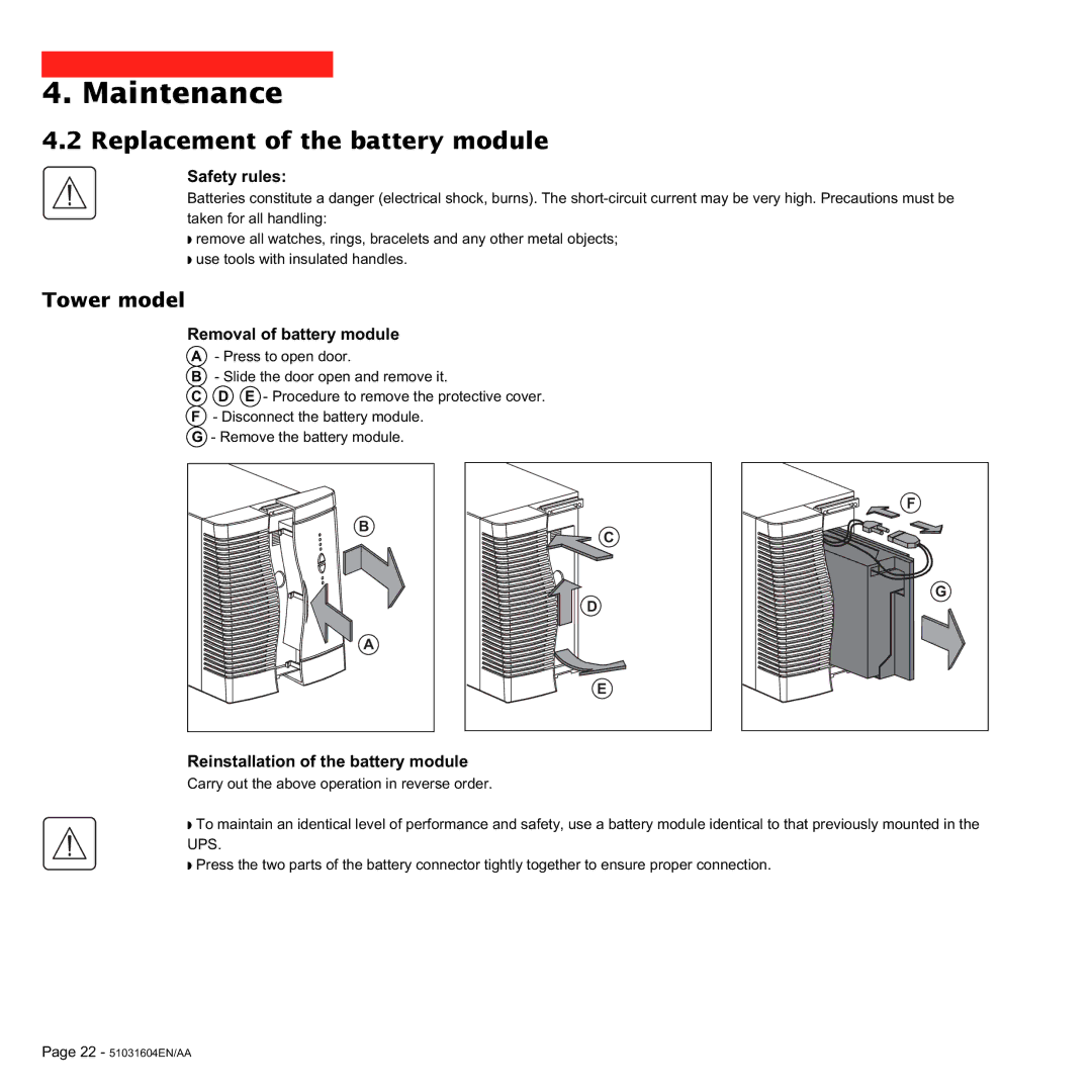 MGE UPS Systems Pulsar EX 1000, Pulsar EX 700 Replacement of the battery module, Safety rules, Removal of battery module 