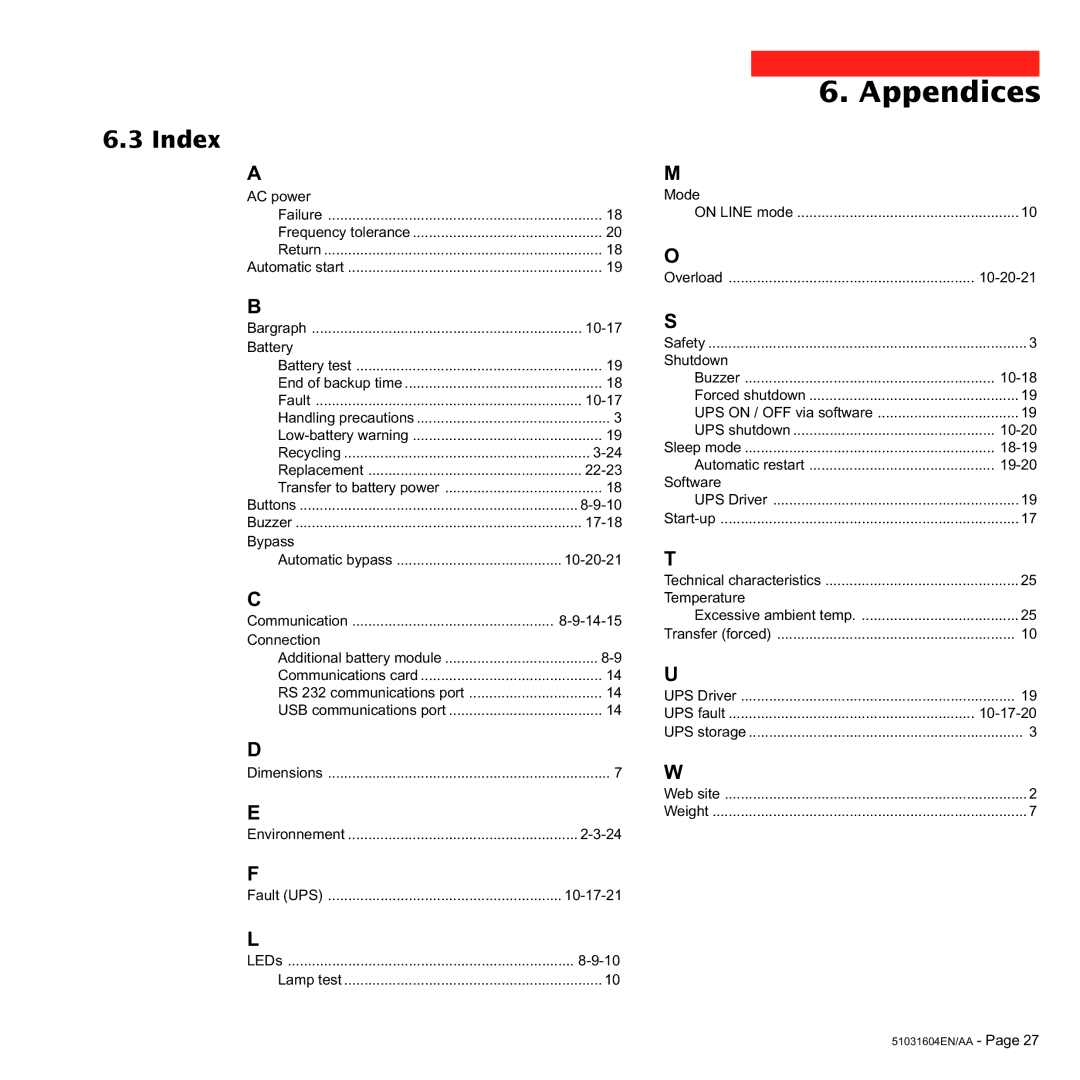 MGE UPS Systems Pulsar EX 700, Pulsar EX 1000, Pulsar EX 1500 user manual Index, Connection 