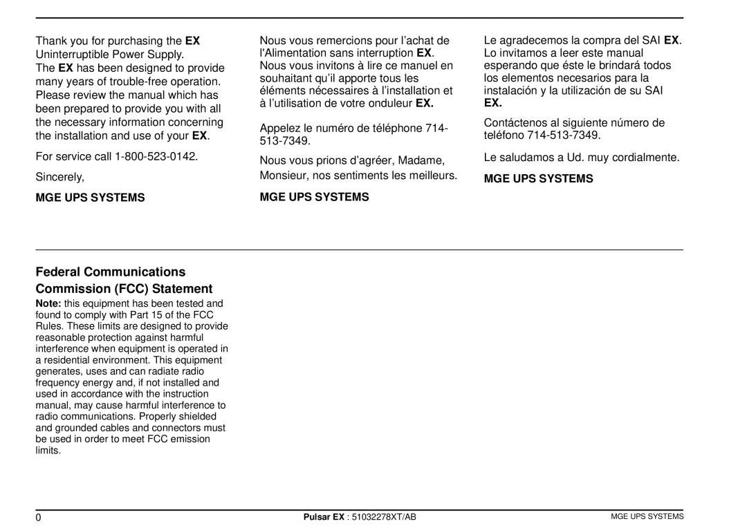 MGE UPS Systems Pulsar TM EX20, Pulsar TM EX30 Federal Communications Commission FCC Statement, MGE UPS Systems 