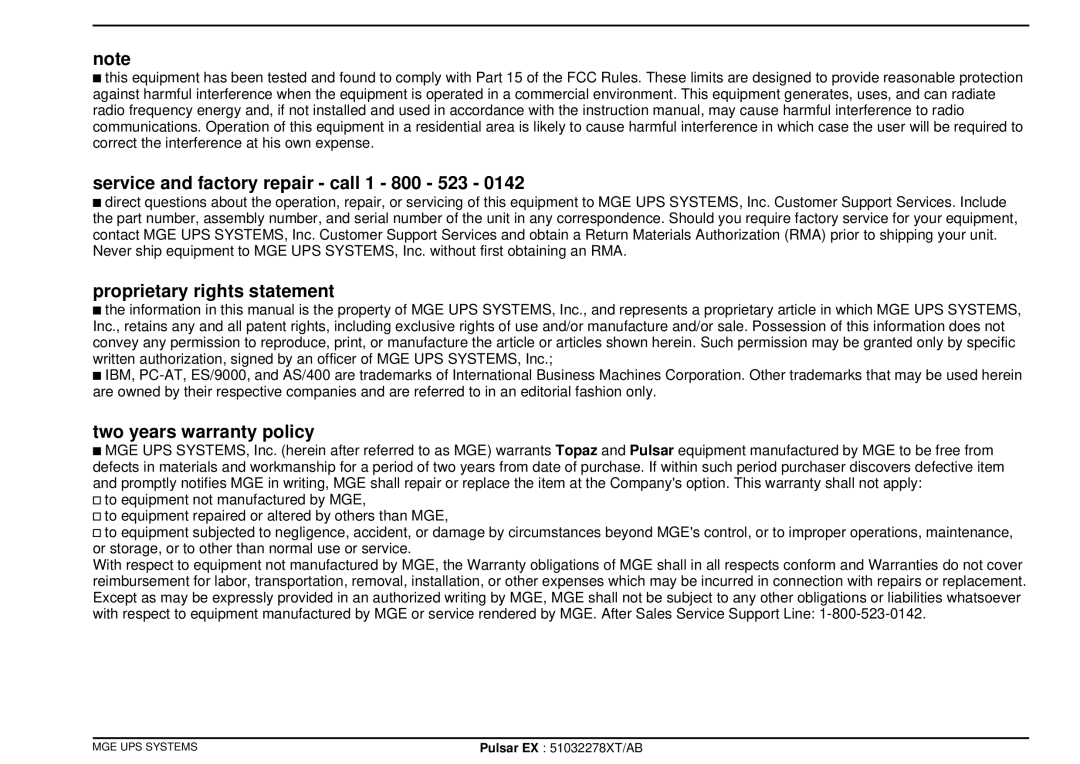 MGE UPS Systems Pulsar TM EXB20, Pulsar TM EX30 Service and factory repair call 1 800 523, Proprietary rights statement 