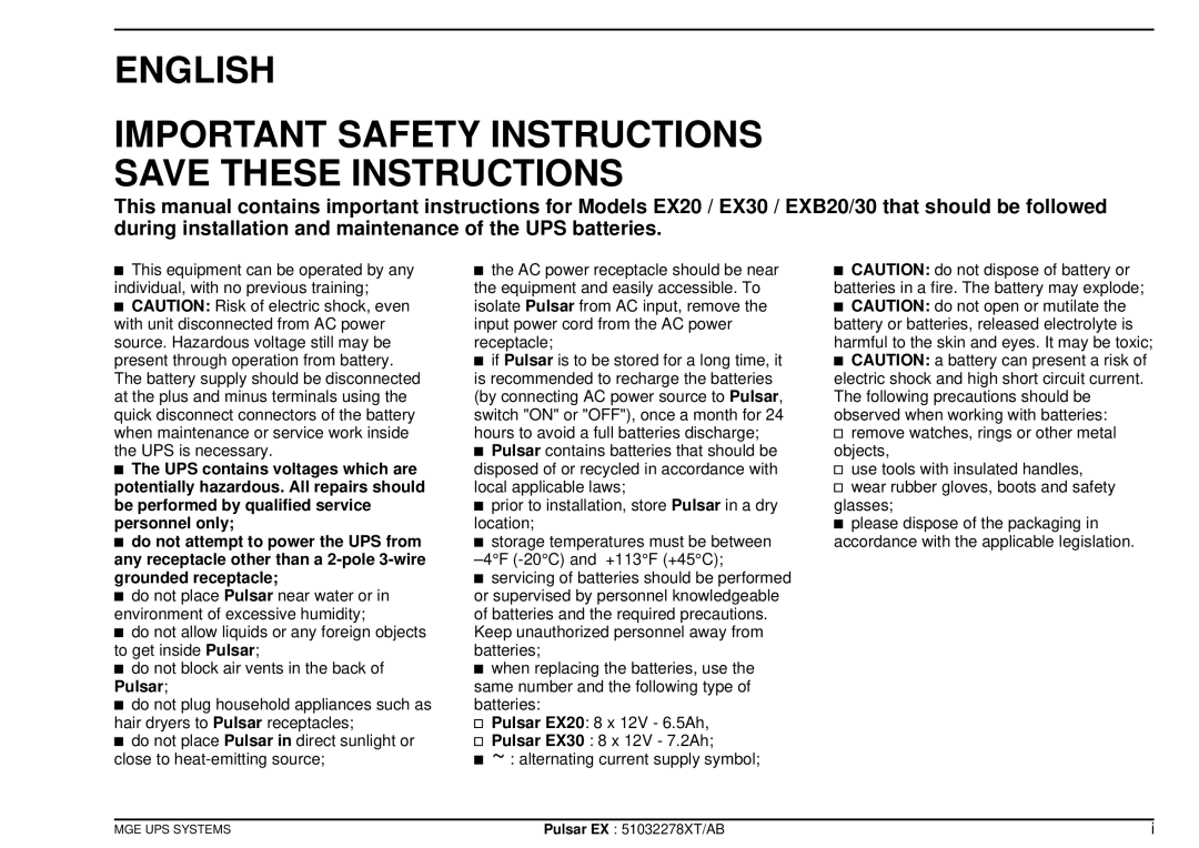 MGE UPS Systems Pulsar TM 30, Pulsar TM EX30, Pulsar TM EX20, Pulsar TM EXB20 English Important Safety Instructions 