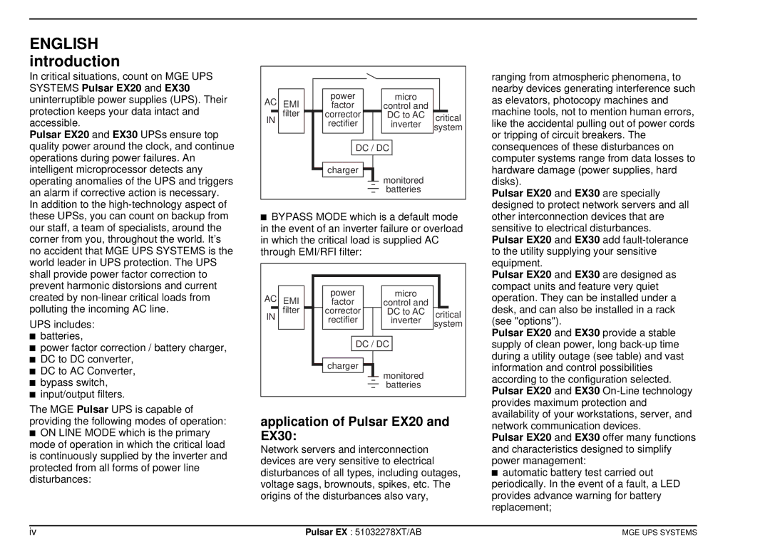 MGE UPS Systems Pulsar TM EX20, Pulsar TM EX30, Pulsar TM 30 English introduction, Application of Pulsar EX20 and EX30 