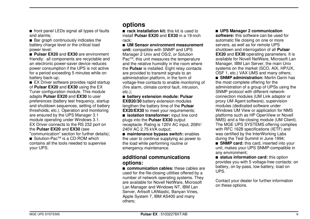 MGE UPS Systems Pulsar TM EXB20, Pulsar TM EX30, Pulsar TM 30, Pulsar TM EX20 Options, Additional communications options 