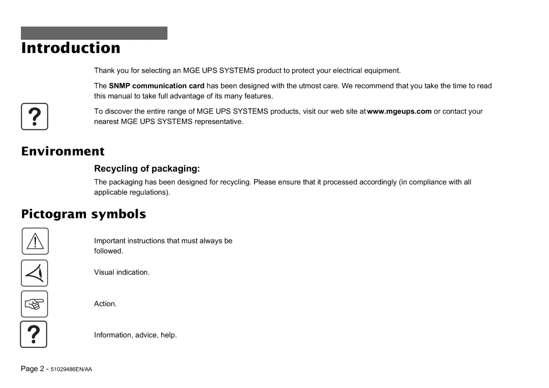 MGE UPS Systems SNMP 10BT user manual Introduction, Environment, Pictogram symbols, Recycling of packaging 