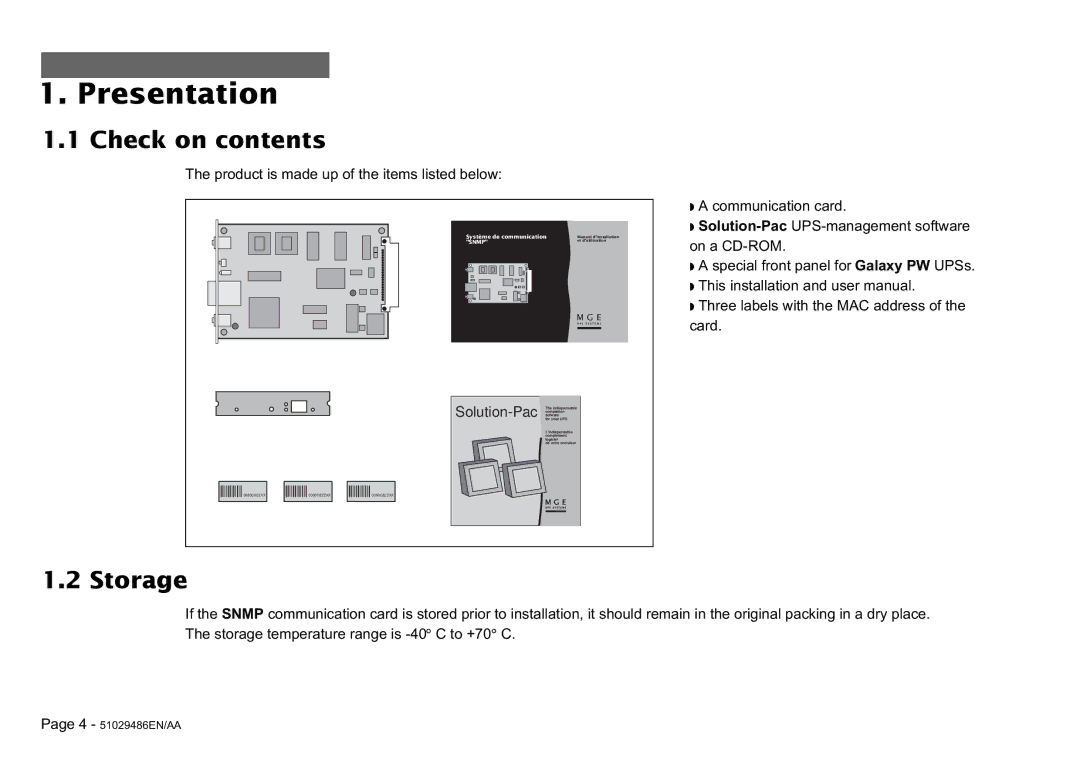 MGE UPS Systems SNMP 10BT user manual Presentation, Check on contents, Storage 