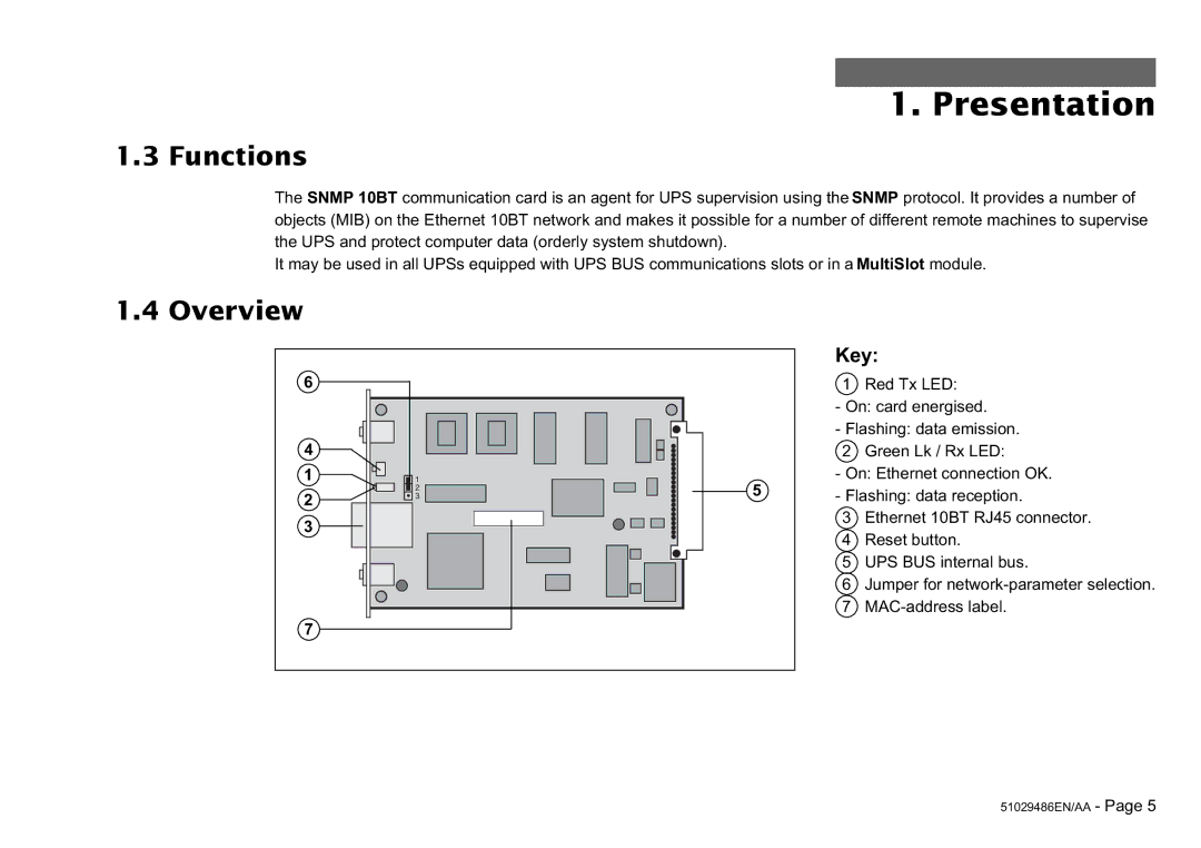 MGE UPS Systems SNMP 10BT user manual Functions, Overview, Key 