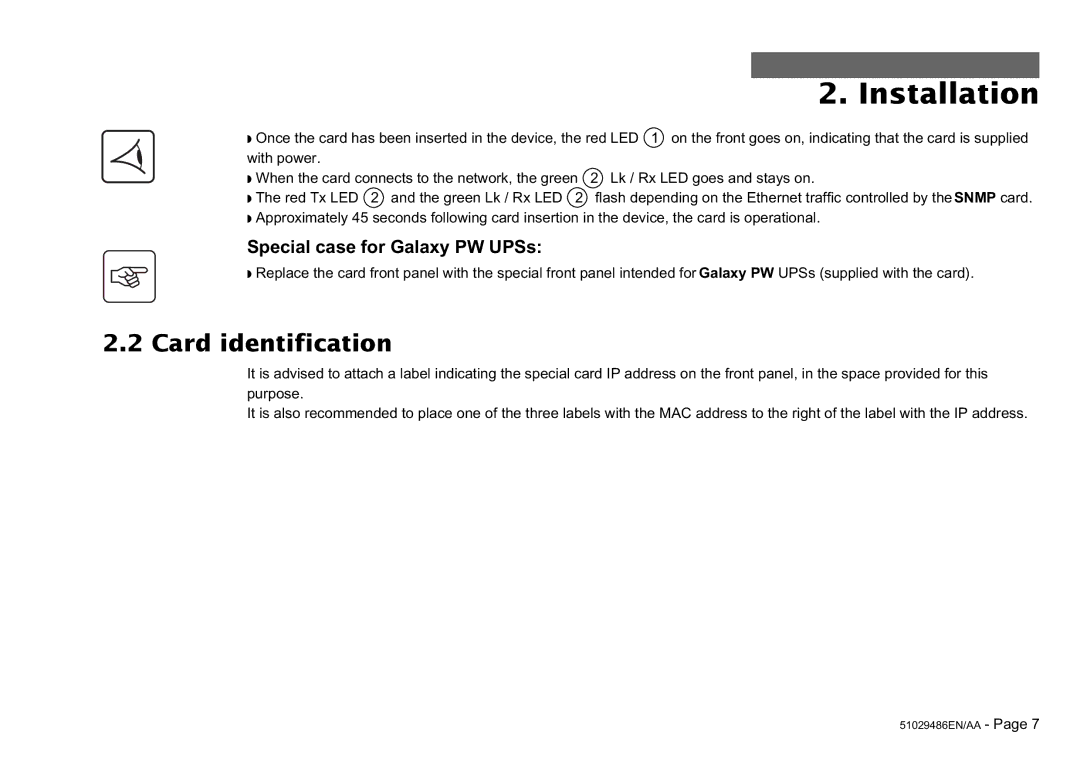 MGE UPS Systems SNMP 10BT user manual Card identification, Special case for Galaxy PW UPSs 