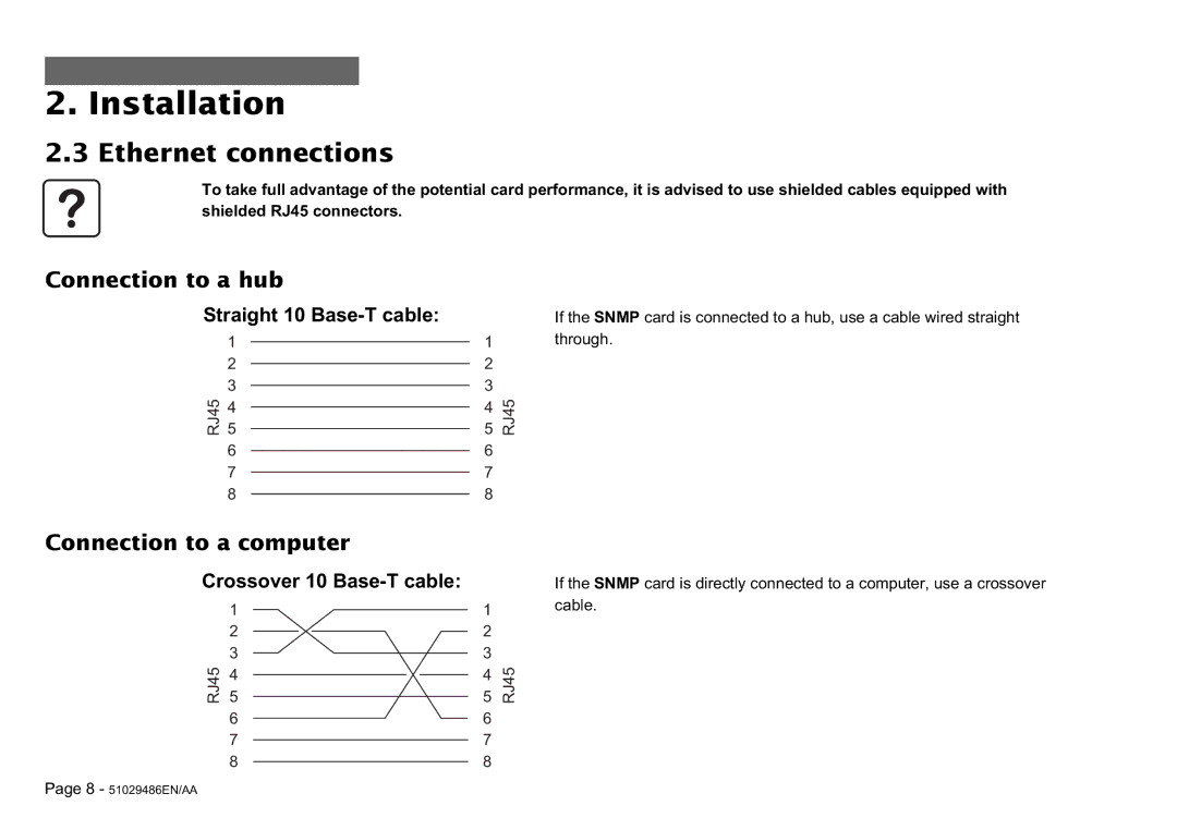 MGE UPS Systems SNMP 10BT user manual Ethernet connections, Straight 10 Base-T cable, Crossover 10 Base-T cable 