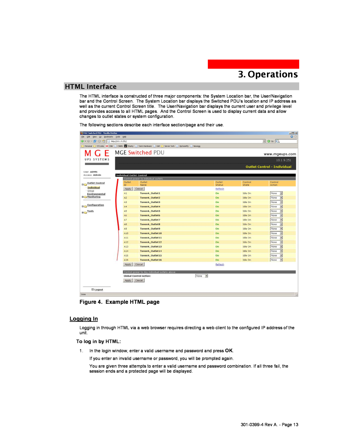 MGE UPS Systems Switched PDU user manual HTML Interface, Example HTML page Logging In, Operations, To log in by HTML 