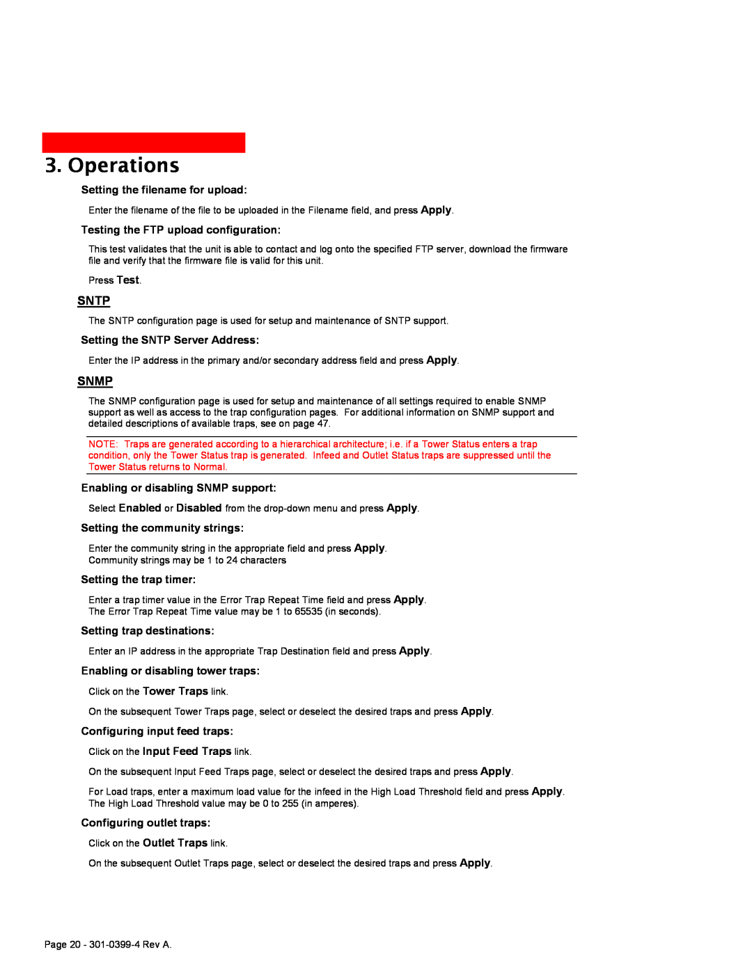 MGE UPS Systems Switched PDU Sntp, Snmp, Operations, Setting the filename for upload, Testing the FTP upload configuration 