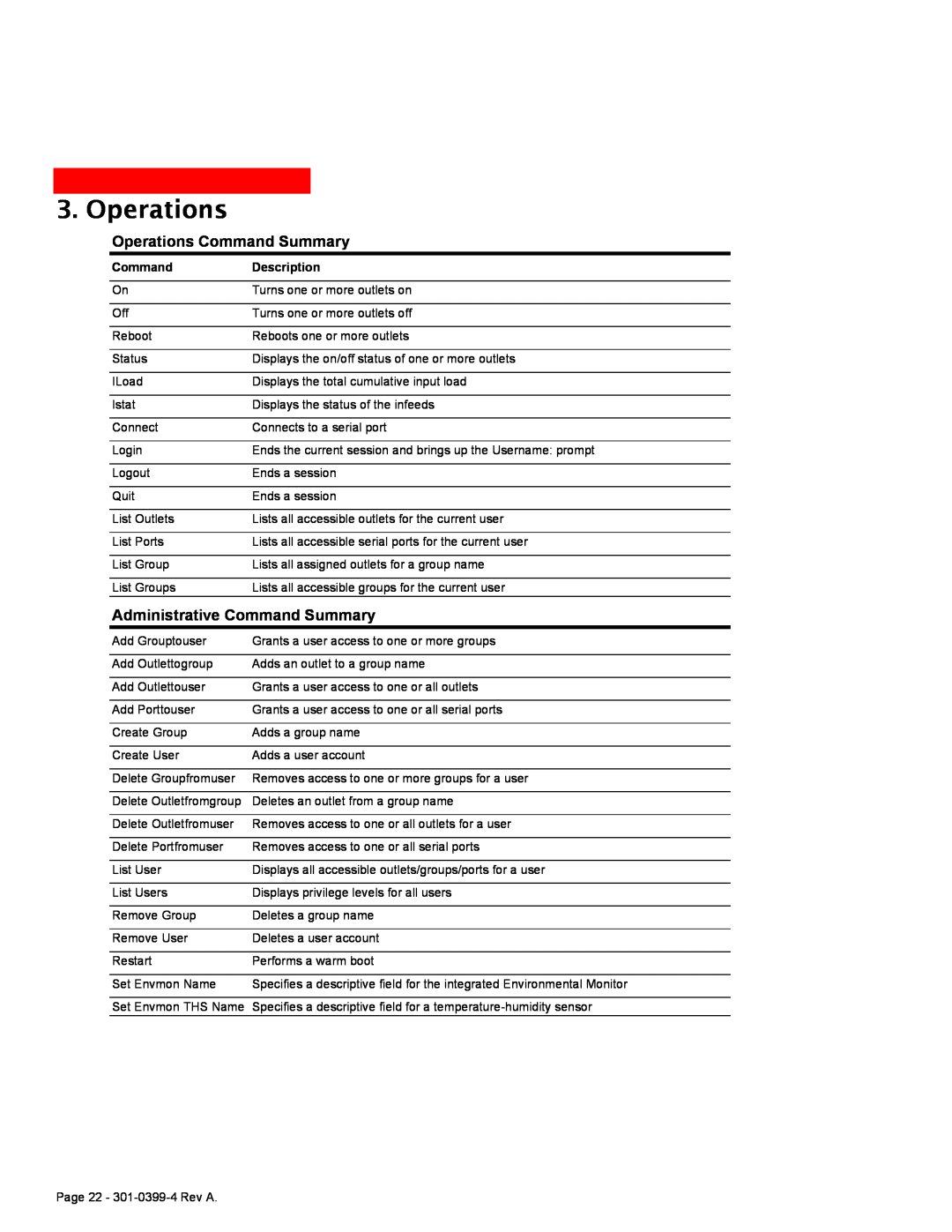 MGE UPS Systems Switched PDU user manual Operations Command Summary, Administrative Command Summary 