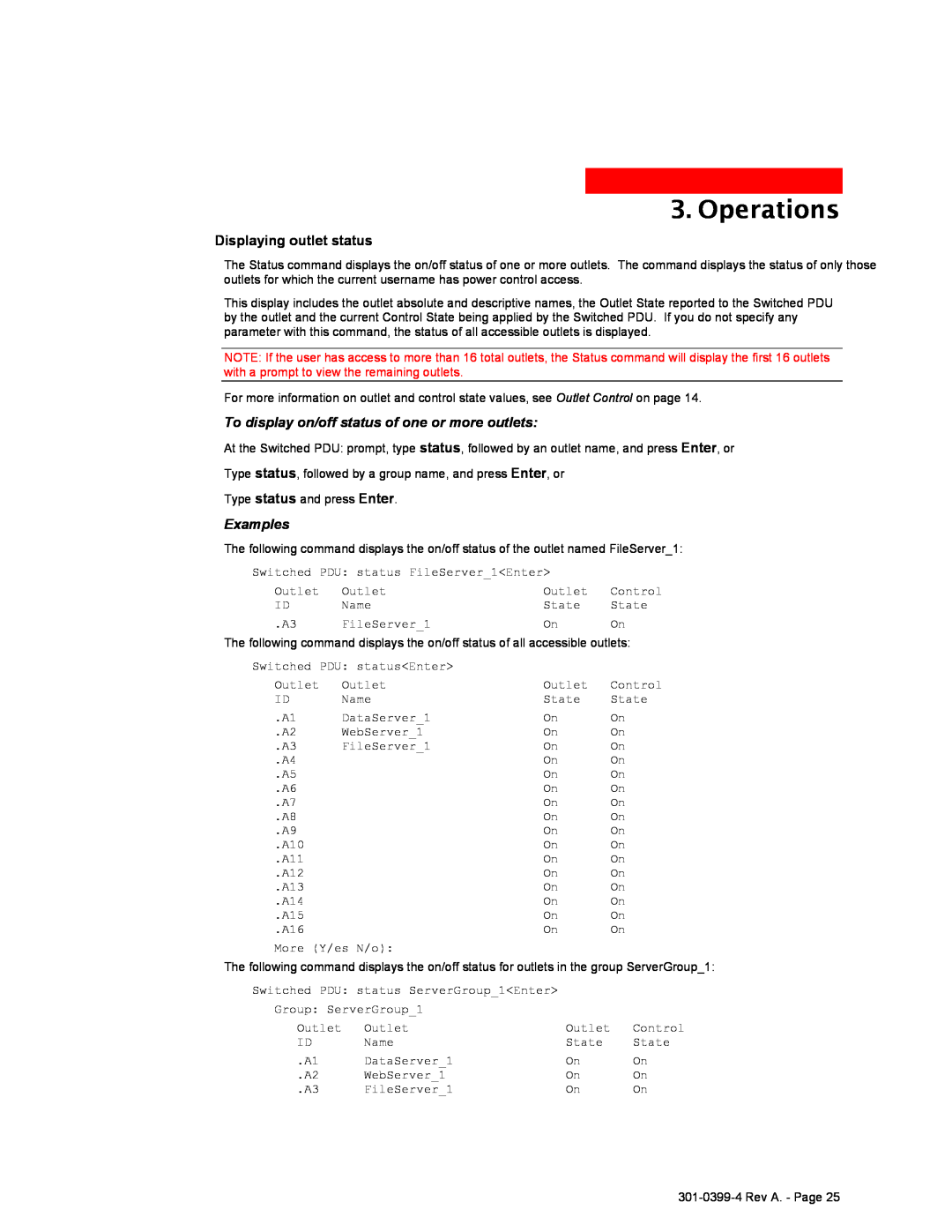 MGE UPS Systems Switched PDU Operations, Displaying outlet status, To display on/off status of one or more outlets 