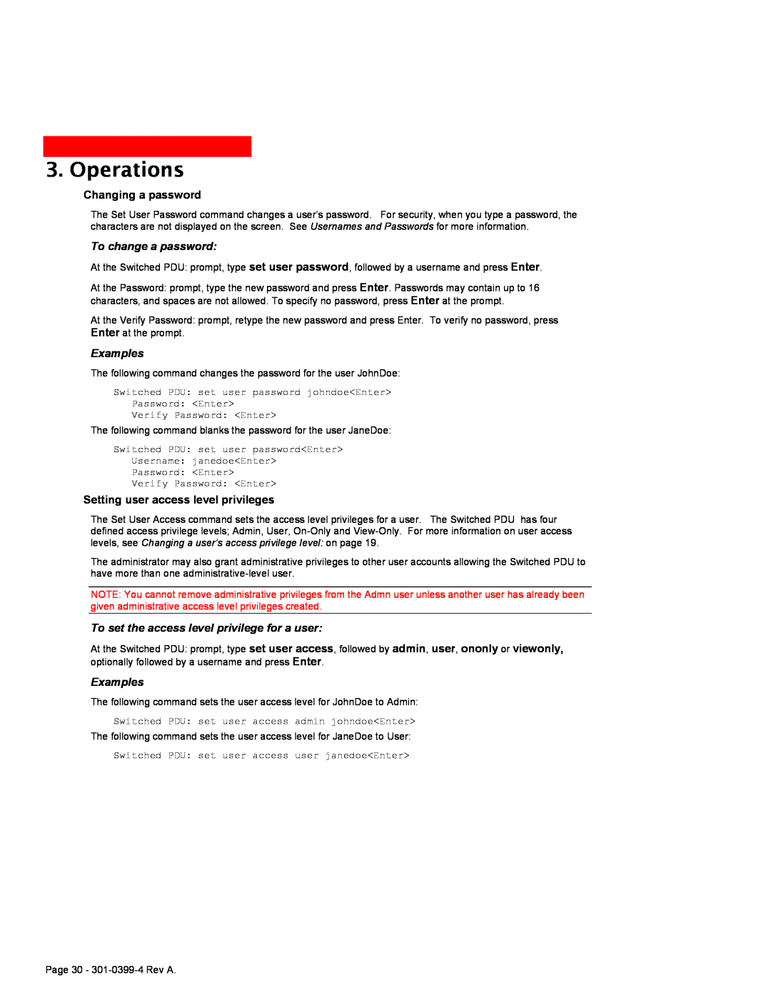 MGE UPS Systems Switched PDU user manual Operations, Changing a password, To change a password, Examples 