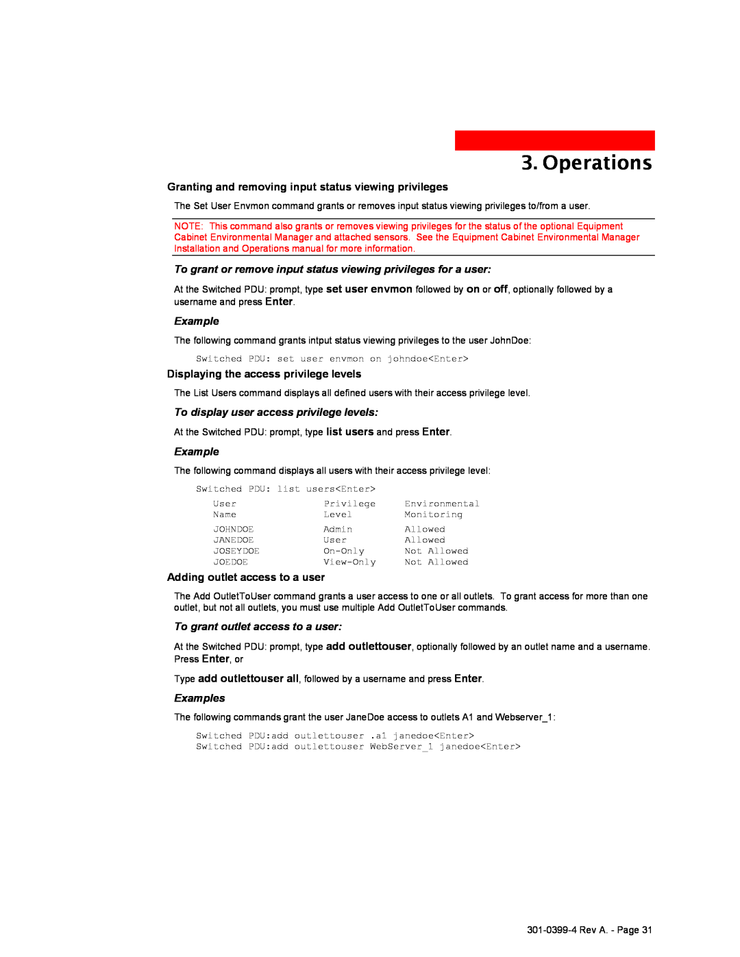 MGE UPS Systems Switched PDU user manual Operations, Granting and removing input status viewing privileges, Examples 