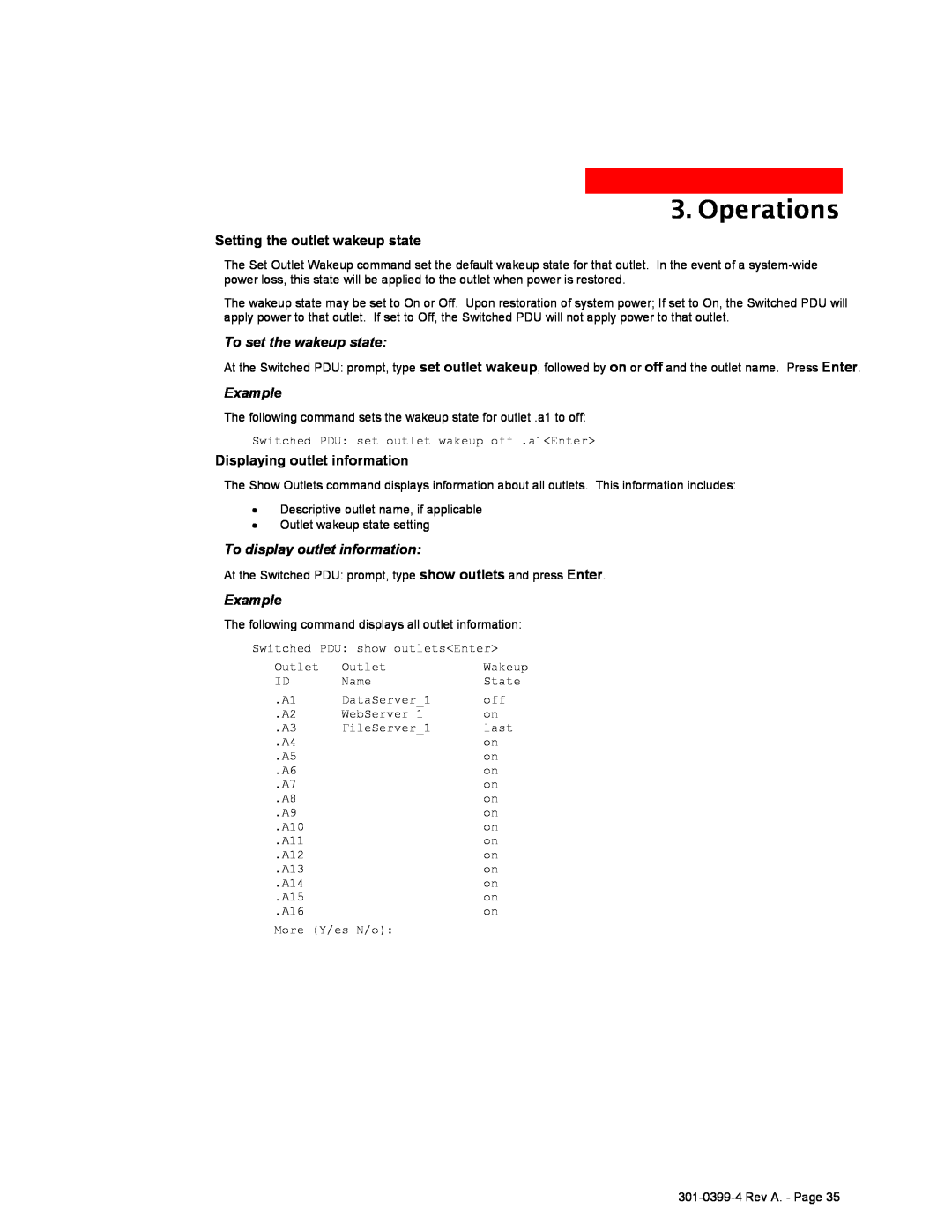 MGE UPS Systems Switched PDU user manual Operations, Setting the outlet wakeup state, To set the wakeup state, Example 