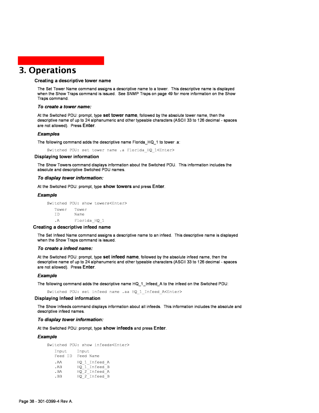 MGE UPS Systems Switched PDU user manual Operations, Creating a descriptive tower name, To create a tower name, Examples 