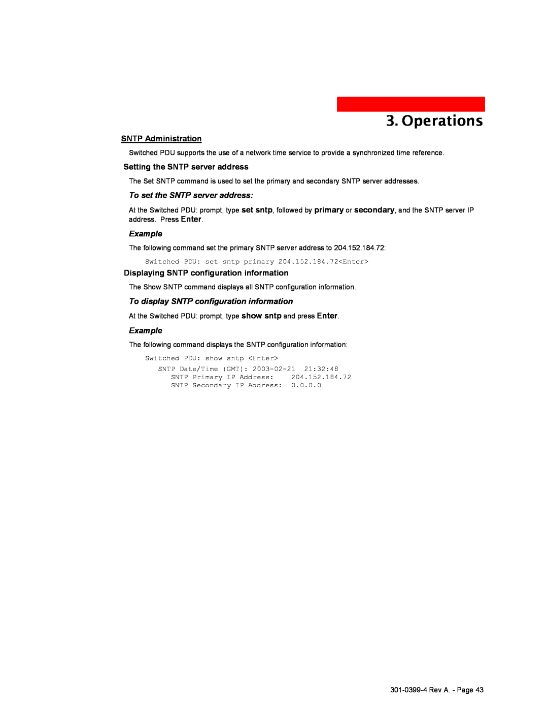 MGE UPS Systems Switched PDU user manual Operations, SNTP Administration, Setting the SNTP server address, Example 