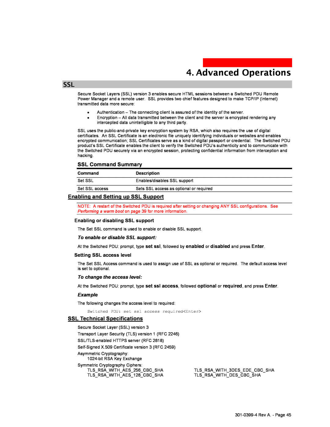 MGE UPS Systems Switched PDU SSL Command Summary, Enabling and Setting up SSL Support, SSL Technical Specifications 