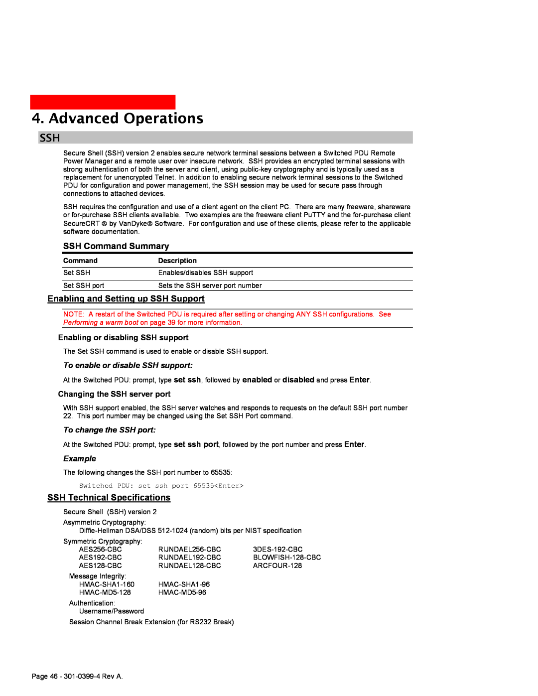 MGE UPS Systems Switched PDU SSH Command Summary, Enabling and Setting up SSH Support, SSH Technical Specifications 