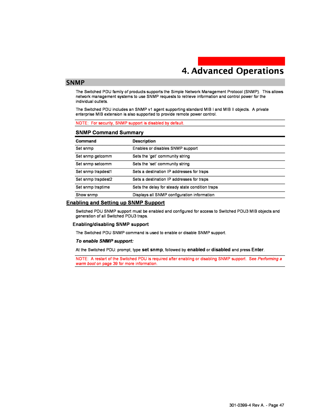 MGE UPS Systems Switched PDU Snmp, SNMP Command Summary, Enabling and Setting up SNMP Support, Advanced Operations 