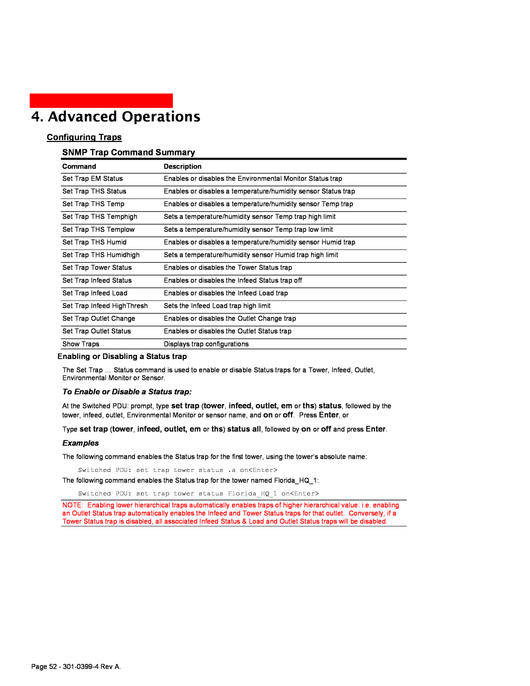 MGE UPS Systems Switched PDU user manual Configuring Traps SNMP Trap Command Summary, Advanced Operations, Examples 