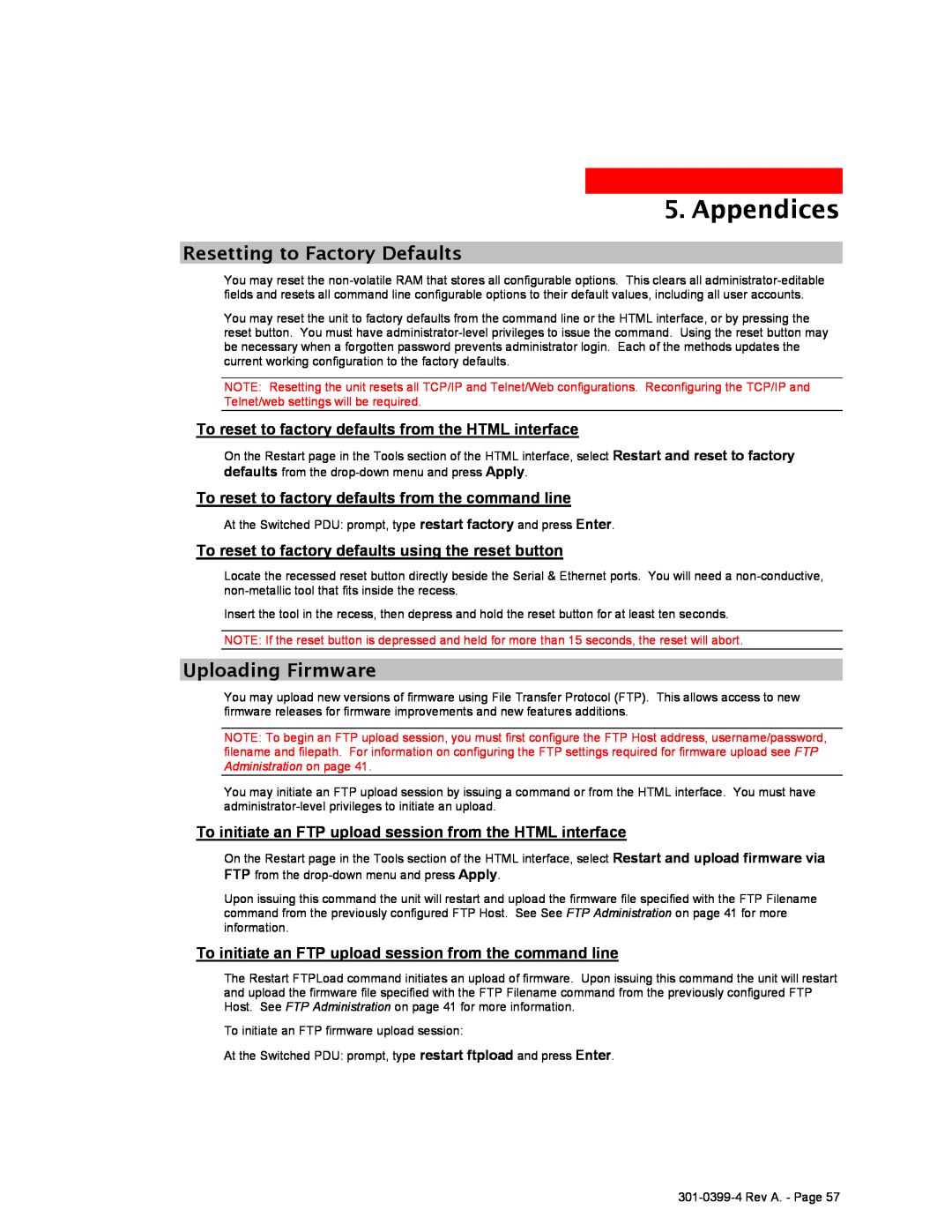 MGE UPS Systems Switched PDU user manual Resetting to Factory Defaults, Uploading Firmware, Appendices 